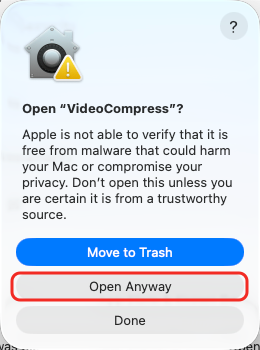 Final macOS confirmation dialog for opening VideoCompress