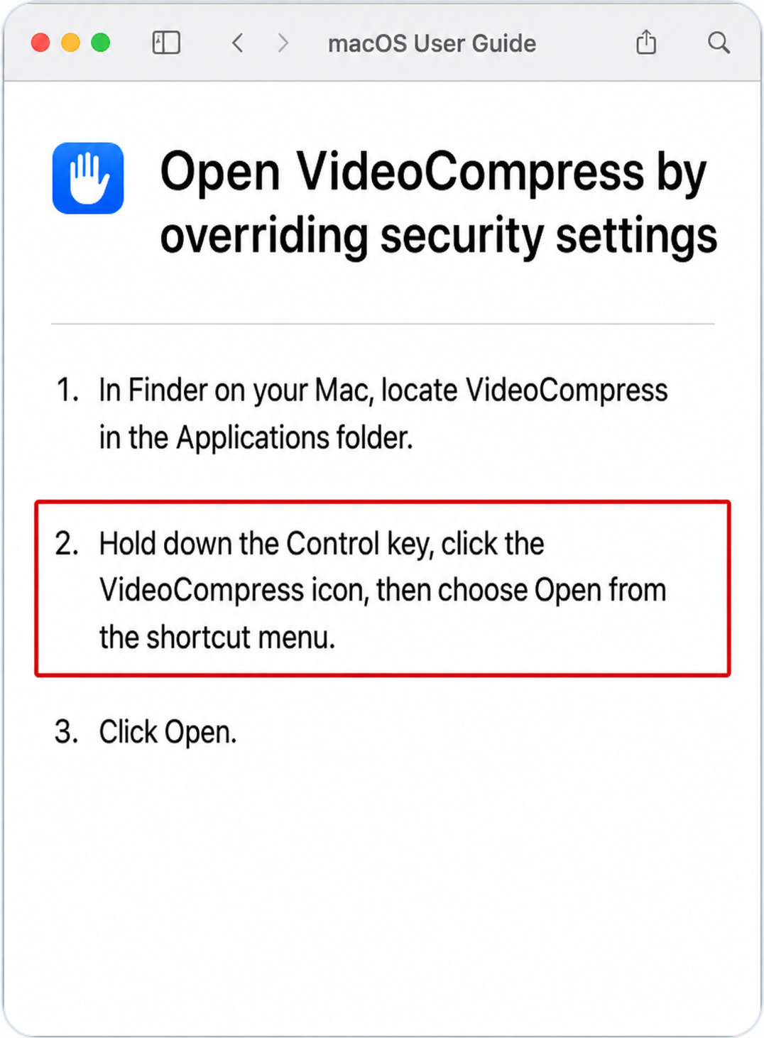 Finder Applications folder showing Control-click Open for VideoCompress